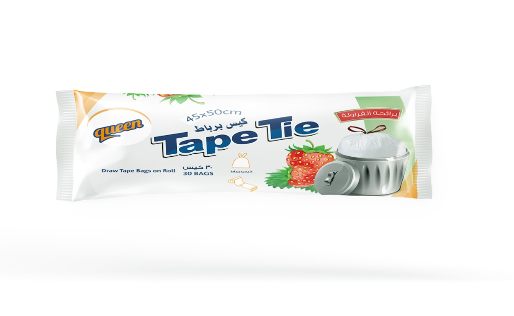 Queen Tape Tie Garbage Bags - Strawberry Scented -30 Bags-White-- كوين أكياس برباط - معطر فراولة-أبيض - 30كيس